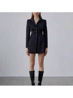 Silk Maison Black Fitted Satin Silk Blazer Mini Dress